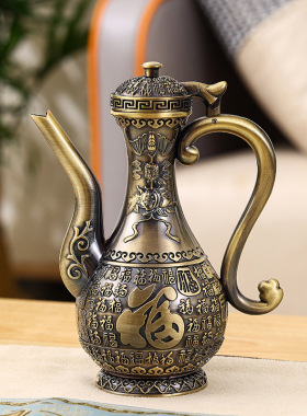 中式百福龙凤白酒壶家用复古创意轻奢高档客厅送礼金属分酒器摆件