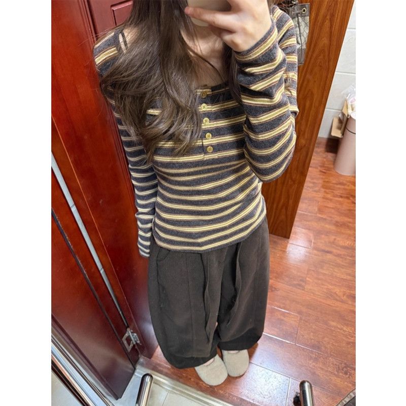 撞色条纹U领正肩长袖T恤女秋冬季