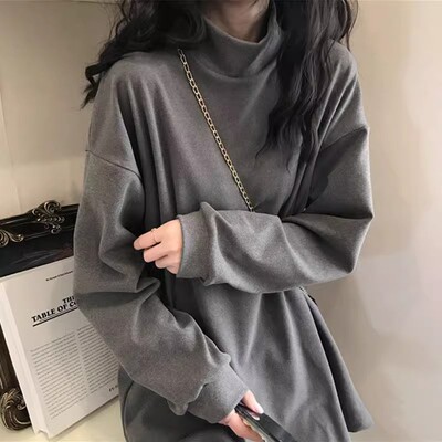 双面德绒磨毛半高领打底衫女秋冬