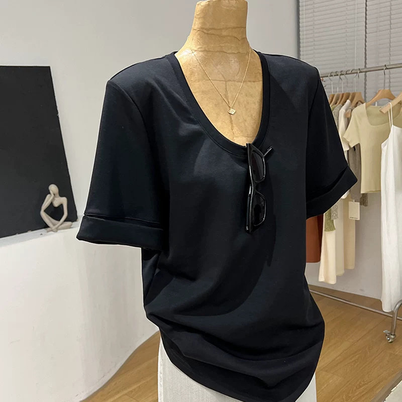 纯棉垫肩U领短袖T恤女夏季韩版宽松显瘦半袖打底衫卷边设计感上衣