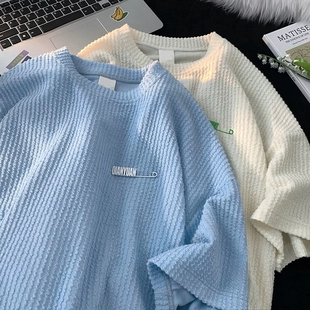 T恤女2022新款 上衣服潮 闺蜜装 ins超火华夫格短袖 夏季 学生宽松半袖