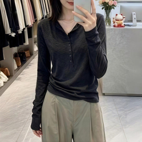 纽扣V领正肩长袖T恤女早秋修身