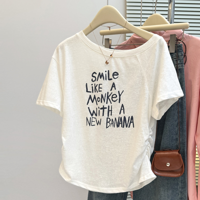 美式辣妹风斜肩露肩短袖T恤女夏