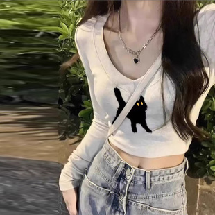 小个子短款V领正肩长袖T恤女夏季韩版修身内搭可外穿打底衫上衣服