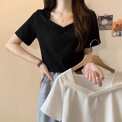韩系高级感V领露锁骨短袖T恤女
