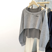 卫衣女秋季 斜露肩不规则字母刺绣长袖 短款 内搭条纹吊带两件套上衣