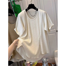 不规则开叉下摆短袖T恤女夏季宽松韩版内搭外穿打底衫U领正肩上衣