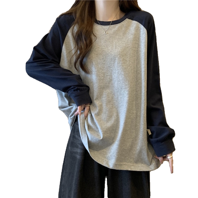 超火cec拼色长袖T恤女春秋季宽松