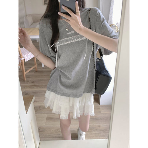 蕾丝花边蝴蝶结短袖T恤女夏装