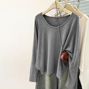 2025秋冬新款德绒磨毛长袖T恤女宽松显瘦韩版内搭打底衫大U领上衣