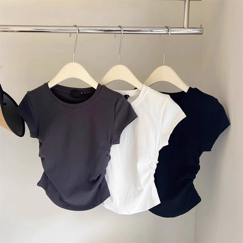 上衣辣妹褶皱收腰荷叶袖T恤女夏季韩版修身感小众别致短款潮0416d