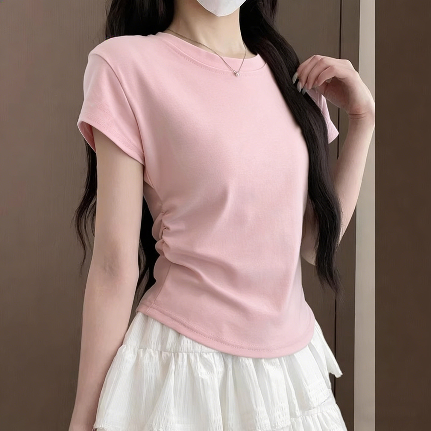 圆领正肩褶皱收腰短袖T恤女夏季修身韩版打底衫内搭短款甜辣上衣