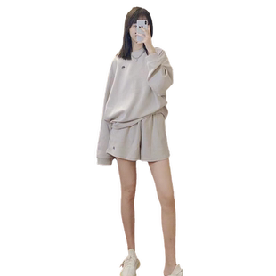 华夫格短裤长袖上衣两件套女夏季宽松bf原宿风运动休闲时尚套装潮