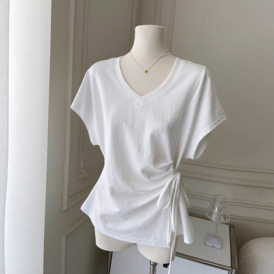 绑带设计感小众V领短袖T恤女夏季修身韩版内搭外穿打底衫收腰上衣,女装/女士精品,T恤,淘宝优惠券,粉丝福利购,淘宝优惠卷