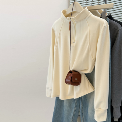 双面德绒磨毛拉链立领长袖T恤女