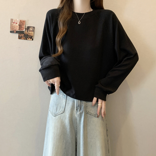 短款 内搭打底衫 正肩上衣服 T恤女春秋宽松韩版 黑色高级感插肩长袖