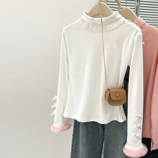 蕾丝拼接半高领长袖T恤女秋冬德绒磨毛打底衫内搭修身蝴蝶结上衣