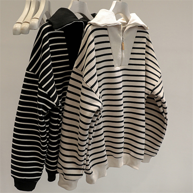 条纹半拉链Polo翻领卫衣女春秋冬