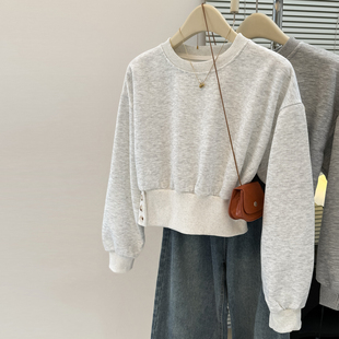 设计感小个子短款收腰下摆长袖卫衣女春秋季薄款宽松无帽圆领上衣