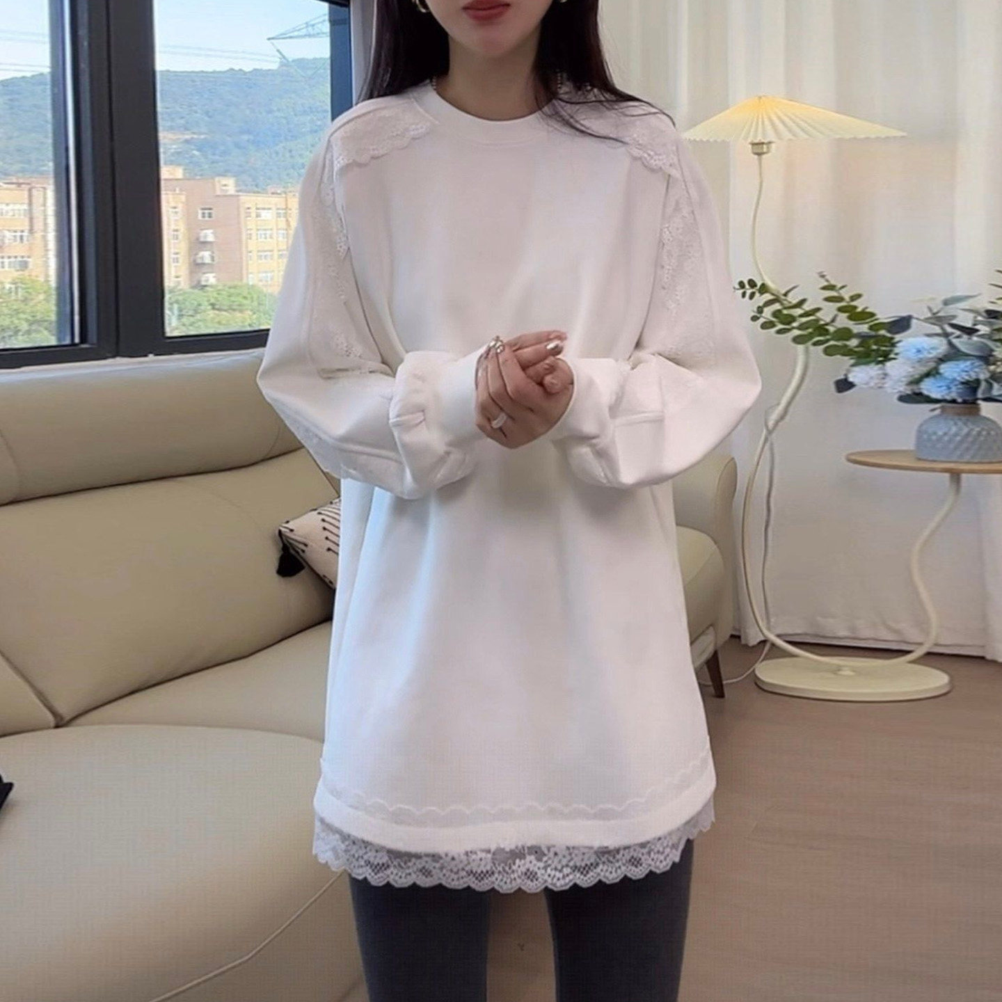 蕾丝拼接设计感长袖T恤女秋冬季德绒磨毛打底衫内搭中长款上衣潮,女装/女士精品,T恤,淘宝优惠券,粉丝福利购,淘宝优惠卷