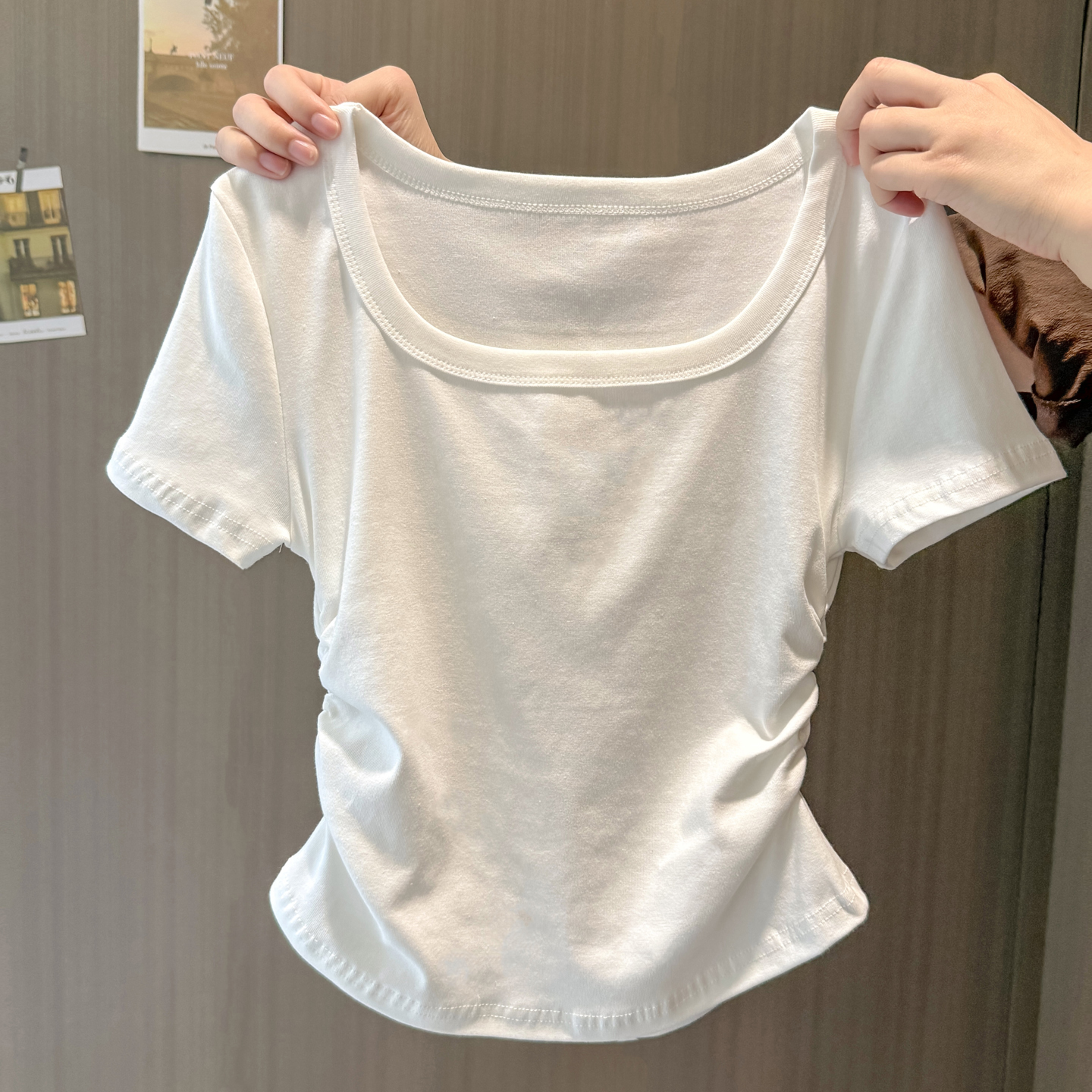 韩系高级感方领正肩短袖T恤女夏