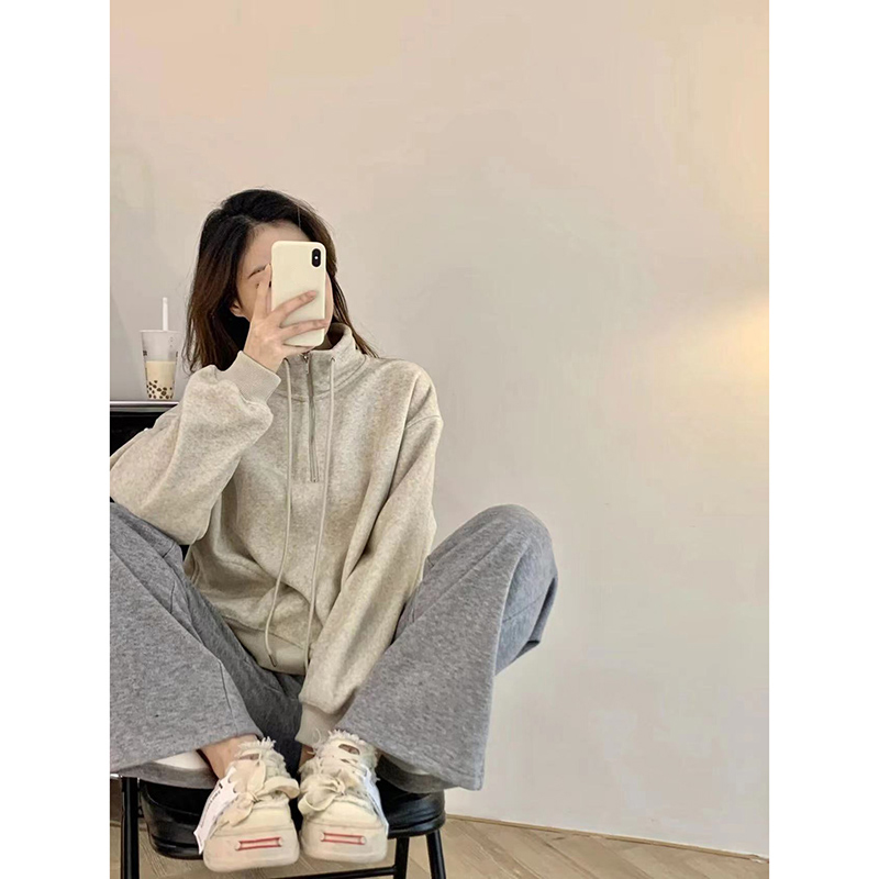 简约纯色半拉链立领长袖卫衣女秋