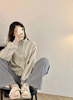 简约纯色半拉链立领长袖卫衣女春秋季宽松薄款bf学院风上衣外套潮