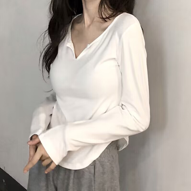 弧形下摆长袖T恤女螺纹纯棉早春