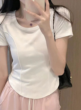 白色纯棉短袖T恤女夏季韩版修身显瘦甜辣妹鱼骨正肩短款体恤上衣