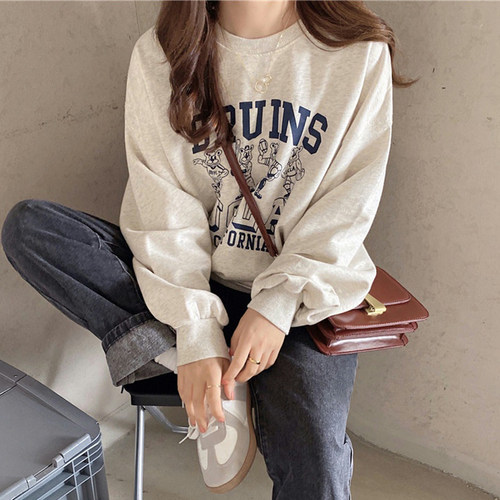 美式复古圆领卫衣女早秋薄款韩版