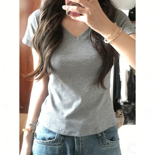 内搭打底衫 韩系高级感V领短袖 修身 韩版 竹节棉上衣ins潮 T恤女夏季
