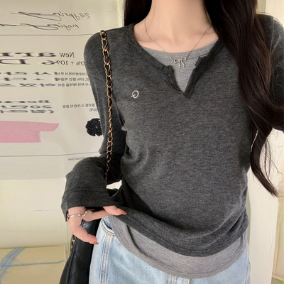 设计感小众假两件长袖T恤女春秋