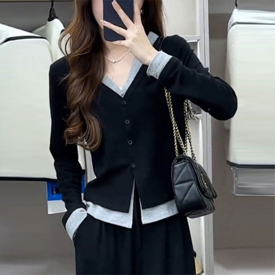 纽扣开衫假两件长袖T恤女秋季