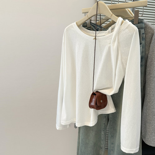 chic甜辣扭结斜肩露肩长袖T恤女