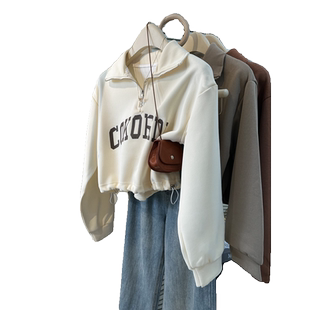 小个子短款收腰下摆卫衣女秋季薄款韩版宽松显瘦半拉链Polo领上衣