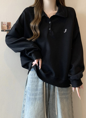 bf慵懒风薄款卫衣女春秋季百搭韩版宽松显瘦Polo领长袖上衣外套潮