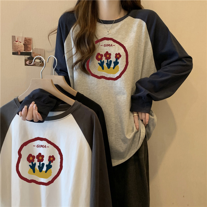 撞色插肩袖加绒加厚T恤女秋冬季