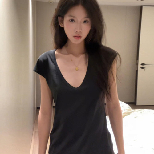 美式辣妹V领正肩短袖T恤女夏季