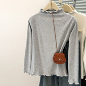 长袖 T恤女修身 韩版 2025早秋新款 内搭外穿打底衫 木耳边半高领上衣