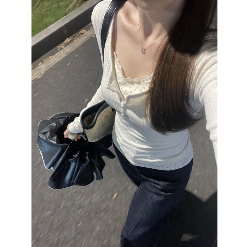 蕾丝U领假两件小碎花打底衫女内搭外穿长袖T恤修身显瘦短款上衣服