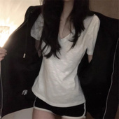 T恤女夏季 2025新款 修身 白色竹节棉V领短袖 显瘦内搭打底衫 正肩上衣