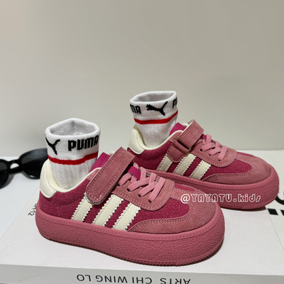 薇粉色女童德训鞋真皮秋冬2025新款儿童运动鞋软底加绒二棉板鞋