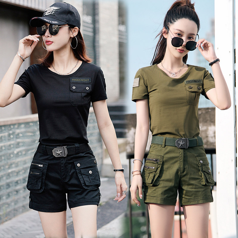 夏季迷彩服套装女短袖短裤两件套时尚套装