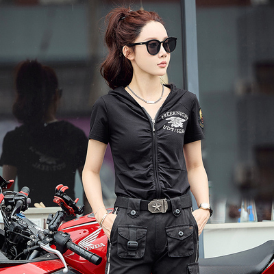 2026夏季薄款短袖T恤女迷彩服上衣连帽弹力修身T恤水兵舞迷彩服装