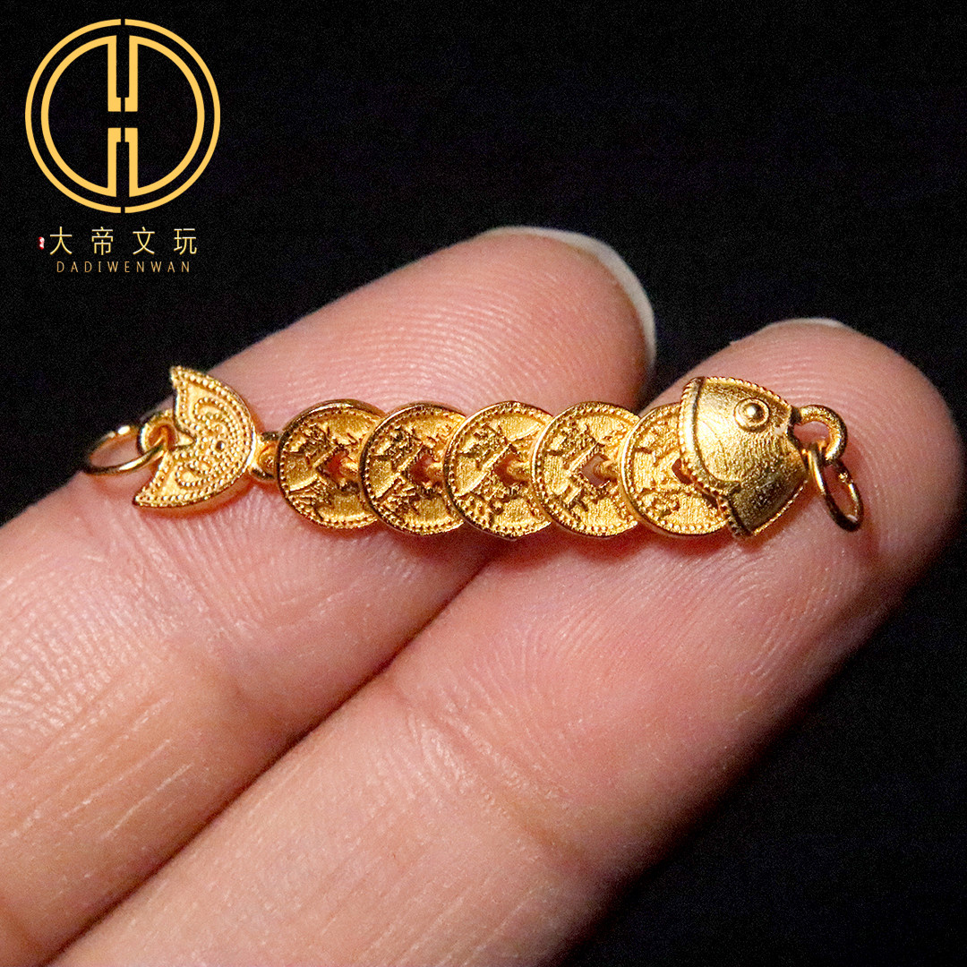 银镀金纯银925五帝钱金鱼侧挂提溜挂件手串手链编绳diy文玩配饰