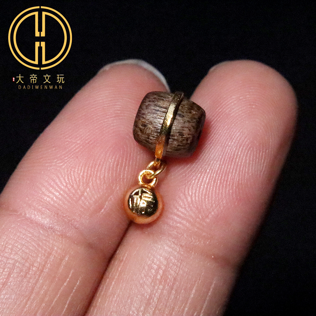 纯银s925天然沉香木镶嵌福字提溜桶珠隔珠散珠菩提手串diy配饰