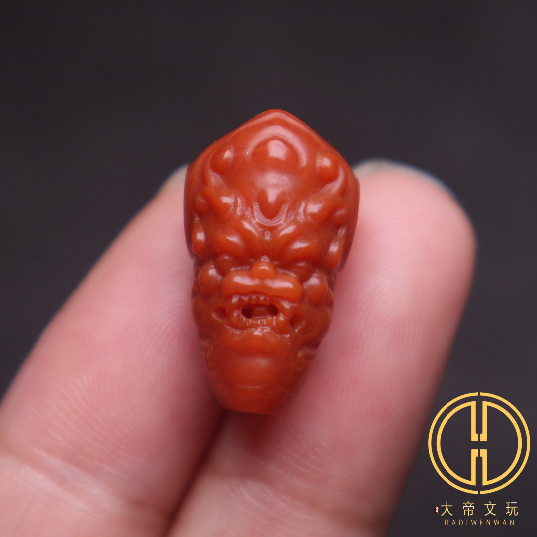 天然原矿南红玛瑙般若兽面三通佛头精品菩提手串长串diy文玩配饰