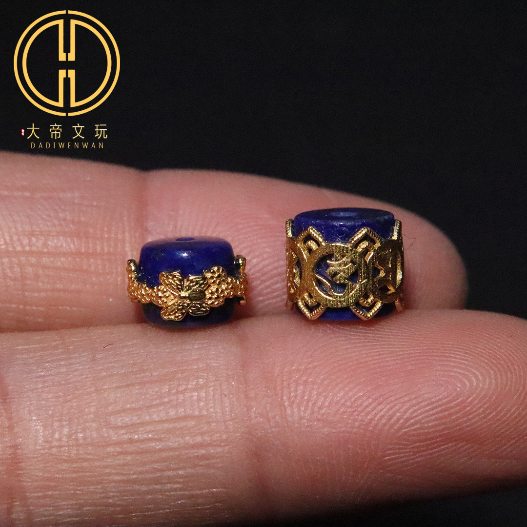 天然青金石镶嵌s925纯银镀金六字蝴蝶桶珠隔珠菩提手串文玩配饰