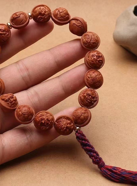 野生龙纹桃核纯手工雕刻十八罗汉手串单圈手持文玩手链男女款礼物