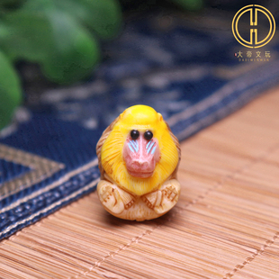 手工鹿角雕刻彩面狒狒根付顶珠隔珠侧挂手机包挂手串diy文玩配饰